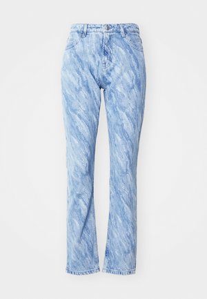 Gai zila džinsu bikses ar viļņotu, marmora rakstu, ar augstu vidukli, taisnām kājām, piecām kabatām un pogu aizdari.