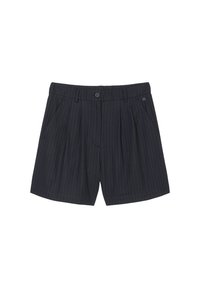 Tmavě šedé pruhované kraťasy s uvolněným střihem, sklady v přední části, zapínání na knoflík a postranní kapsy. Lehká tkanina nabízí hladkou strukturu.