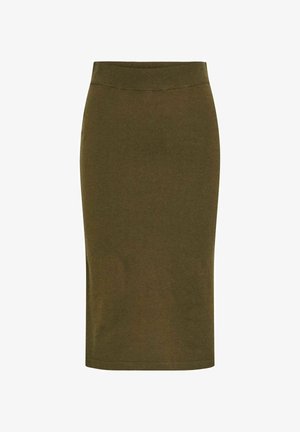 Jupe crayon vert olive en tissu extensible doux. Elle présente une taille élastique lisse et une silhouette droite, arrivant au niveau du mollet.