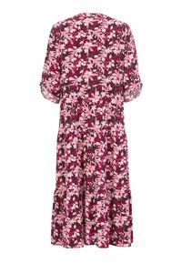 Bloemendress met roze en bordeaux tinten, lichte stof, korte mouwen en een gelaagd ontwerp met een ronde halslijn.