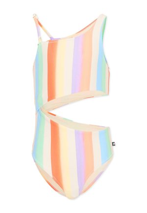 Jednobrzuszny strój kąpielowy z pionowymi pastelowymi paskami tęczy w delikatnych odcieniach i regulowanym cienkim paskiem na białym tle.