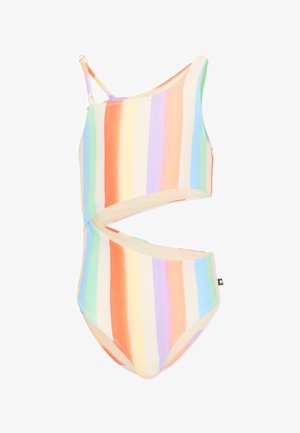 Maillot de bain asymétrique avec rayures verticales arc-en-ciel pastel aux teintes douces et bretelle fine réglable sur fond blanc.