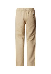 Pantaloni beige in cotone con vita elasticizzata, design a gamba dritta e due tasche posteriori. Tessuto liscio con dettagli di cuciture visibili.
