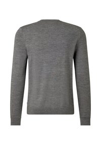 Grauer Pullover mit langen Ärmeln, einfachem Design, gerippten Bündchen und Saum sowie einem strukturierten Stoff mit dezentem Melange-Muster.