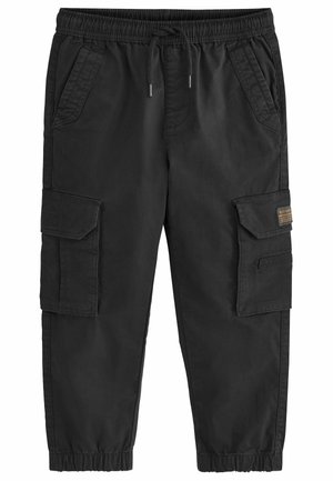 Schwarze Cargohose mit elastischem Bund und Bündchen, Vordertaschen, Kordelzug und Klapptaschen an beiden Oberschenkeln.