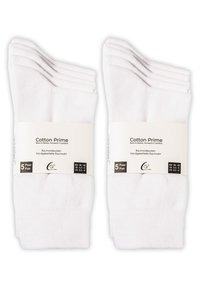 Calze in cotone bianche in set da cinque, con polsino a coste e superficie liscia, con etichette che indicano le taglie EU 39-42 e UK 5.5-8.
