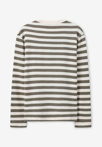 T-shirt à manches longues rayé avec des bandes horizontales vert olive et blanches, col rond, tissu doux et coupe droite.