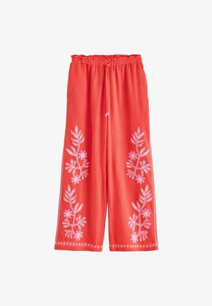 Pantaloni coral cu picioare largi, talie elastică și broderie florală albă de-a lungul picioarelor și tivului, cu șnur frontal.