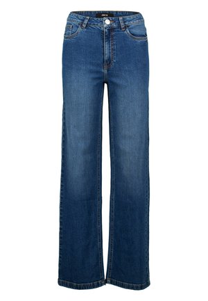 Jean à jambes larges en denim bleu moyen. Doté d'une fermeture à bouton et zip, de cinq poches et de surpiqûres contrastantes le long des coutures.