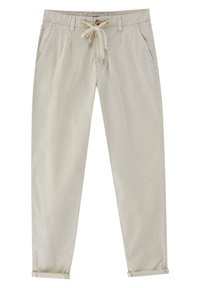 Pantaloni in cotone beige chiaro con vita regolabile, tasche laterali e orlo arrotolato, dotati di una texture liscia e un design semplice.