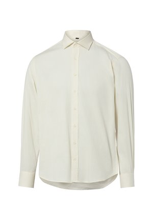 Cremfarbenes langärmeliges Hemd mit Knopfleiste, spitzem Kragen und knöpfbaren Manschetten, auf weißem Hintergrund dargestellt.