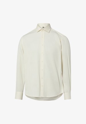 Cremfarbenes langärmeliges Hemd mit Knopfleiste, spitzem Kragen und knöpfbaren Manschetten, auf weißem Hintergrund dargestellt.