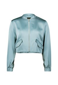 Abgeschnittene Bomberjacke aus lichtblauem Satin, mit einem Reißverschluss an der Vorderseite, Seitentaschen und elastischen Bündchen für eine figurbetonte Silhouette.
