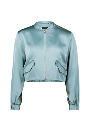 Abgeschnittene Bomberjacke aus lichtblauem Satin, mit einem Reißverschluss an der Vorderseite, Seitentaschen und elastischen Bündchen für eine figurbetonte Silhouette.