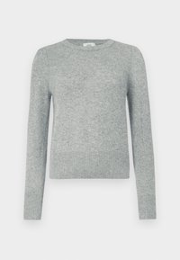 Pulover gri deschis din material tricotat moale, cu guler rotund, mâneci lungi și tiv și manșete ribben pentru un aspect ajustat.