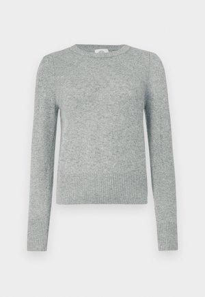 Maglione grigio chiaro realizzato in morbido tessuto a maglia, con colletto rotondo, maniche lunghe e orlo e polsini a coste per un look aderente.
