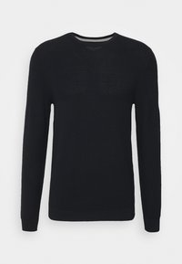 Svart stickad tröja med rund halsringning, långa ärmar och texturmönster. Har ribbat nederkant och ärmslut, tillverkad av mjukt material.