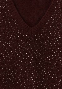 Maglione lavorato a maglia color bordeaux con scollo a V, caratterizzato da paillettes argento sparse per un tocco di texture e dettaglio. Tessuto morbido con bordi a costine.