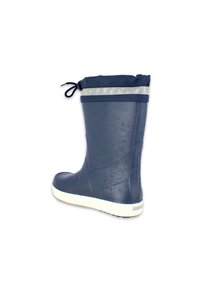 Botte en caoutchouc marine avec une surface texturée, semelle blanche et cordon de serrage ajustable en haut. Présente une bande d'accent argenté.