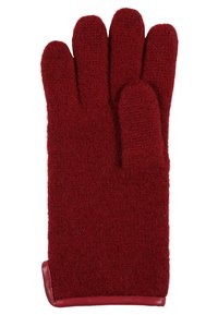 Rote Wollhandschuhe mit einer strukturierten Strickoberfläche, Fünf-Finger-Design und einem glatten Lederbund am Handgelenk.