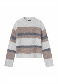 Pilkas ir kreminis dryžuotas megztinis su rudos ir tamsiai mėlynos spalvos akcentais. Turi apvalų iškirpimą ir suspaustas rankoves, pagamintas iš minkštos megztos medžiagos.