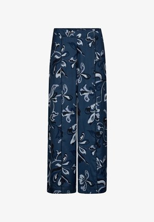 Floral wide-leg trousers in a dark blue fabric, featuring contrasting white and light blue floral patterns and a fitted waistband.