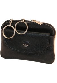 Pochette en cuir noir avec fermeture éclair, dotée d'une poche avant et de deux attaches pour porte-clés. Texture lisse et design simple.