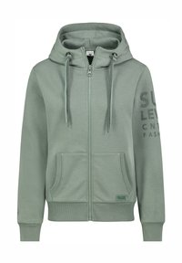 Helle grüne Zip-Hoodie aus weichem Stoff, mit einer Kängurutasche, Kapuze mit Zugband und bedrucktem Text am Ärmel.