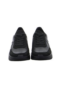 Pair of black and gray lace-up casual sneakers facing forward on a white background.