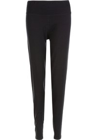 Leggings noirs en matériau lisse et extensible. Dotés d'une large taille, de jambes fuselées et d'un design classique sans motifs ni accents.