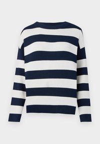 Pull en maille à rayures horizontales bleu marine et blanc, manches longues, avec un col rond.