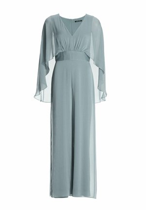 Lichtblauwe wijde jumpsuit met een diepe V-halslijn, cinched taille en doorzichtige, vloeiende cape-achtige lange mouwen.