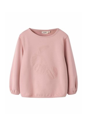 Felpa rosa chiaro a maniche lunghe per bambino piccolo con scollo rotondo e disegno di ciliegie ricamato sul davanti.