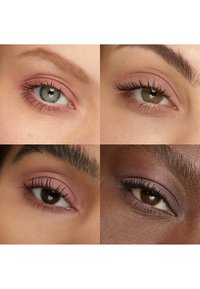 Fire close-up billeder af øjne fra forskellige kvinder, hver med neutral lyserød øjenskygge og sort mascara, arrangeret i en 2x2 gitter.