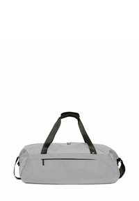 Sac de sport gris en tissu durable, avec poignées noires, fermeture éclair supérieure et poche avant pour rangement supplémentaire.