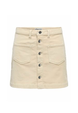 Beige kordfløyelskjørt med rett fasong, frontlukking med knapper og to sidelommer, som har teksturert stoff og metallknapper.