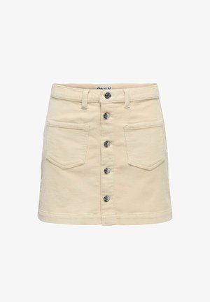 Beige kordfløyelskjørt med rett fasong, frontlukking med knapper og to sidelommer, som har teksturert stoff og metallknapper.