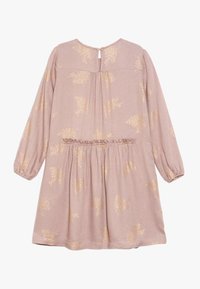 Světle růžové šaty s dlouhými rukávy a nařaseným pasem. Obsahují zlaté květinové vzory, kulatý výstřih a zapínání na knoflíky na zadní straně.