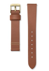 Bracelet de montre en cuir brun avec une boucle en métal doré, présentant un design texturé et un accent de chaîne décoratif près de l'attache.