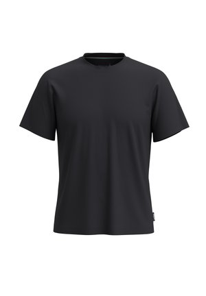 Camiseta negra de manga corta y cuello redondo, con una pequeña etiqueta de tela en la parte inferior izquierda, exhibida sobre un fondo blanco.