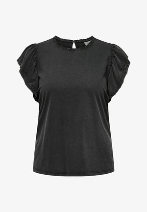 Melnas īsām piedurknēm t kreklam ar teksturētu ruffle piedurknēm un ovālu kakla izgriezumu. Sastāvdaļa ar atslēgas caurumu aizmugurē un maigu spīdumu.