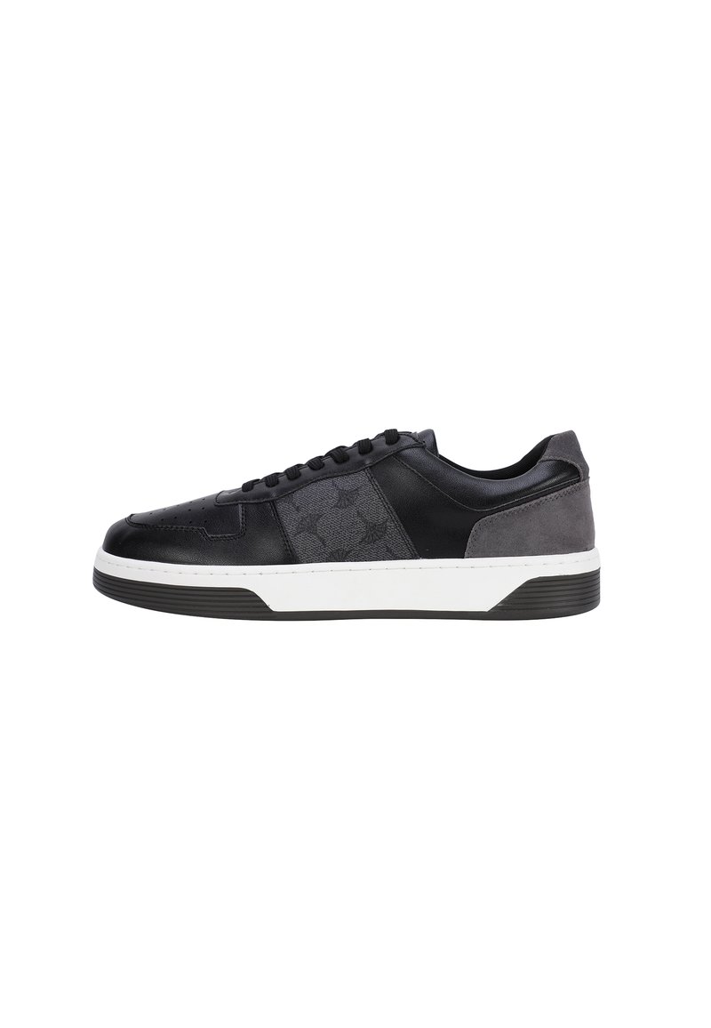 Schwarzer Sneaker aus Leder und Wildleder, mit einem strukturierten schwarzen Design, weißer Zwischensohle und schwarzem Gummilaufsohle.
