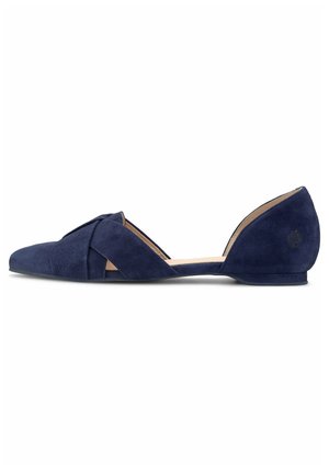 Navy blue suede flat shoe with a pointed toe, crisscross design on the front, and a low heel. Open back and side accents for breathability.