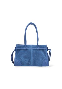 Borsa a mano in suede blu con un design strutturato, due manici superiori e una tracolla regolabile. Presenta dettagli in pelle di contrasto e cuciture.