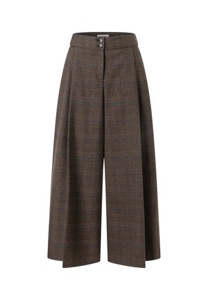 Pantalon marron à jambes larges avec un motif à carreaux subtil, taille haute, deux boutons et plis sur le devant.