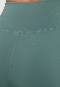 Zelené legíny s vysokým pasem vyrobené z hladké, elastické látky. Obsahují ploché švy a těsně přiléhající design. Žádné viditelné vzory ani akcenty.