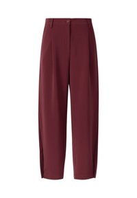 Pantalons bourgogne à coupe décontractée, avec une fermeture à bouton à l'avant, des poches latérales et une texture lisse. Longueur cropped et jambes droites.