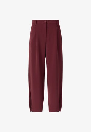 Burgundy trousers with a relaxed fit, featuring a front button closure, side pockets, and a smooth texture. Cropped length and straight legs.