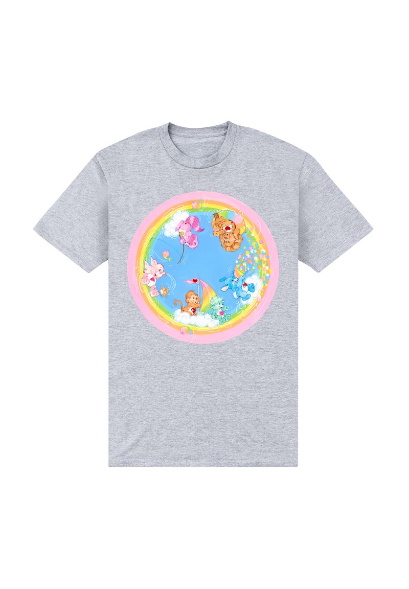 Camiseta de algodón gris con un estampado circular y colorido que muestra animales y flores sobre un fondo azul, bordeado con acentos en rosa y amarillo.