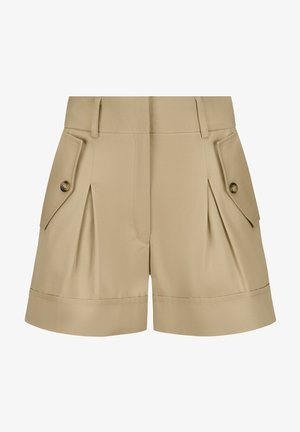 Beige Shorts mit hohem Bund, vorderen Falten, breiten Bündchen, Gürtelschlaufen und Klappentaschen auf beiden Seiten.